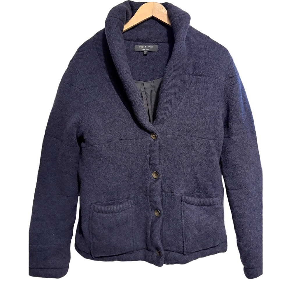 Rag & Bone navy wool blend quiltec button-up sweater jacket shawl collar S